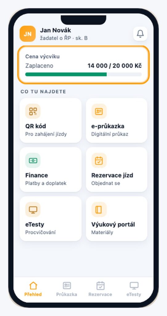 Portál žáka v telefonu — přehled výcviku, platby a rezervace jízd